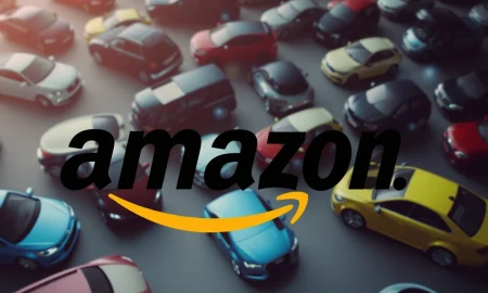Amazon and Hertz logos merging above a diverse fleet of pre-owned vehicles, illustrating their groundbreaking collaboration in the used car market.