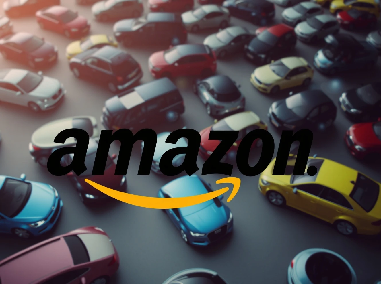 Amazon and Hertz logos merging above a diverse fleet of pre-owned vehicles, illustrating their groundbreaking collaboration in the used car market.