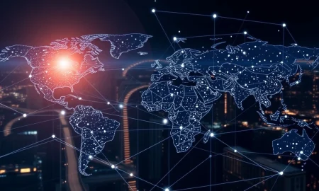 Enterprise blockchain network connecting global businesses with transparent supply chain tracking technology