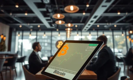 Corporate Bitcoin investments strategy meeting showing restaurant executives analyzing cryptocurrency market data