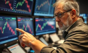 Veteran trader analyzing gold correction signals on multiple market monitors