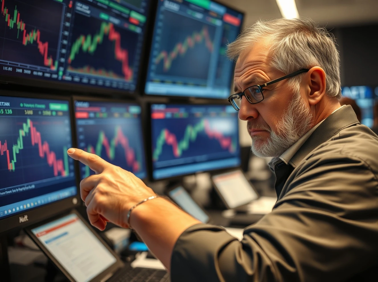 Veteran trader analyzing gold correction signals on multiple market monitors