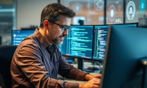 Senior developer reviewing vibe coding AI-generated output with careful attention