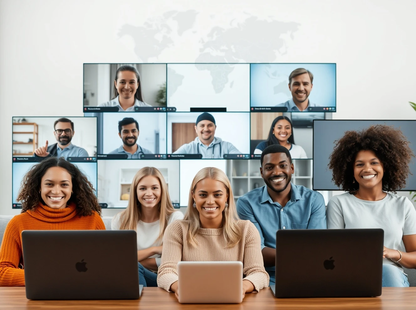 Diverse people connecting through video chat across different countries and cultures