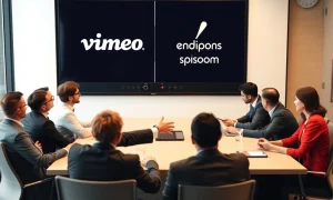 Vimeo takeover announcement showing corporate executives finalizing the $1.38 billion acquisition deal