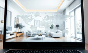 A laptop displays design plans for a modern home, symbolizing Athingforstyling's virtual interior design service worldwide.