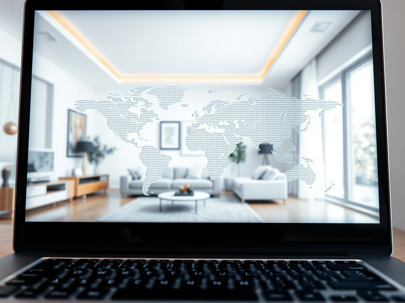 A laptop displays design plans for a modern home, symbolizing Athingforstyling's virtual interior design service worldwide.