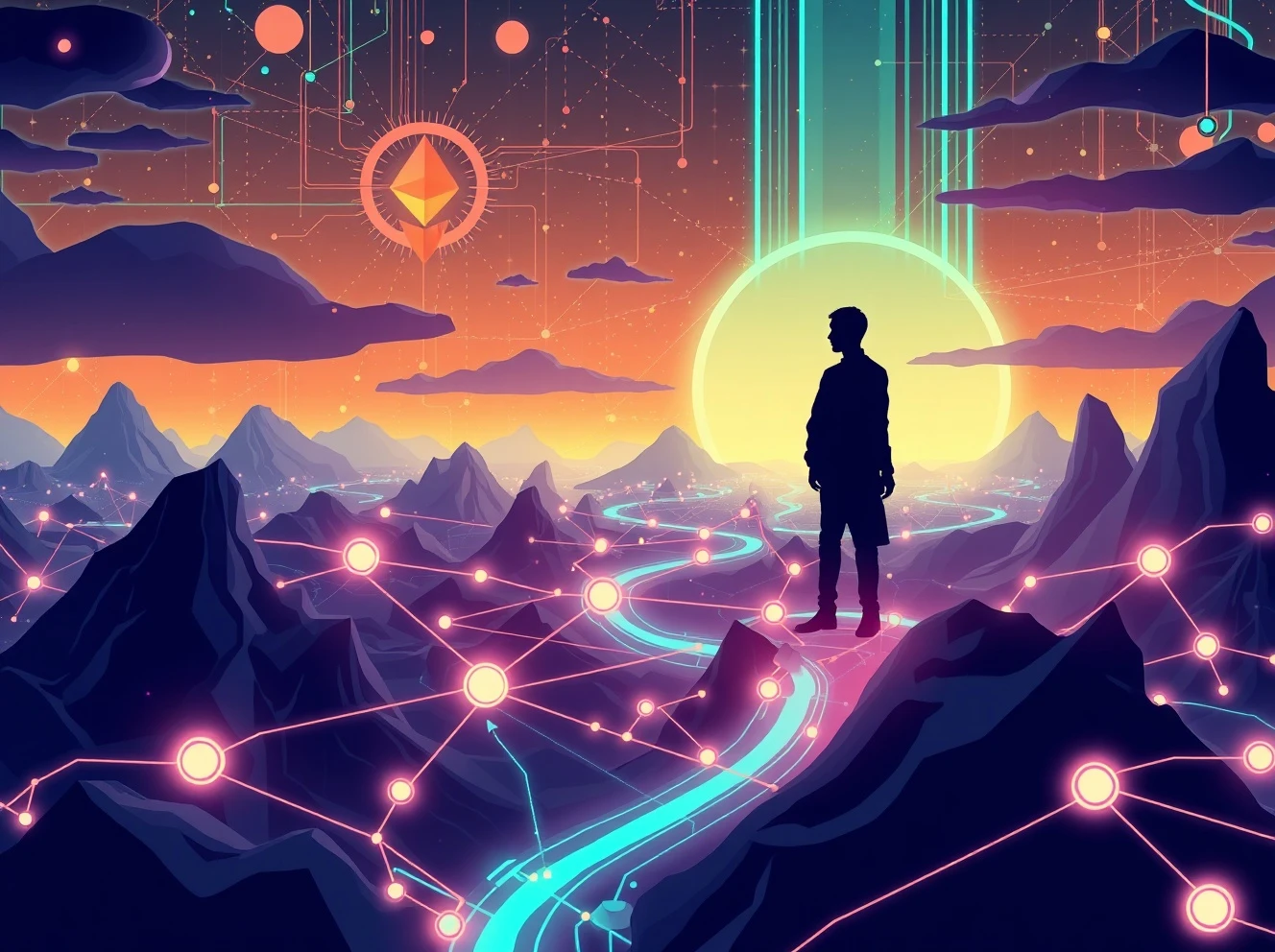 Vitalik Buterin explaining the revolutionary Ethereum upgrade with blockchain nodes visualization