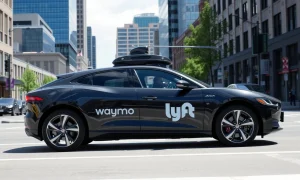 Waymo and Lyft autonomous robotaxi service vehicle driving in Nashville city streets