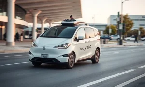 Waymo robotaxi providing autonomous transportation service at San Jose International Airport terminal