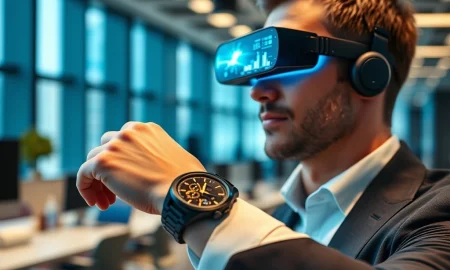 Professional using wearable AI technology for enhanced productivity and data analysis in modern workplace