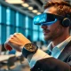 Professional using wearable AI technology for enhanced productivity and data analysis in modern workplace