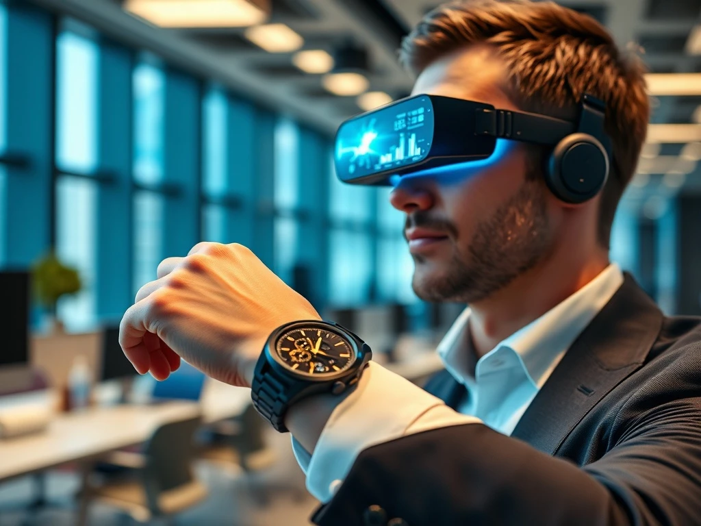 Professional using wearable AI technology for enhanced productivity and data analysis in modern workplace