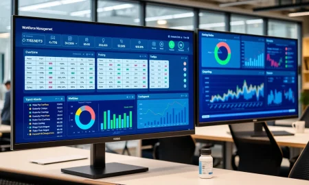 Workforce management software dashboard showing overtime reduction analytics and scheduling optimization
