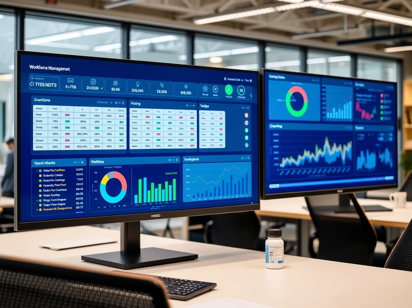 Workforce management software dashboard showing overtime reduction analytics and scheduling optimization