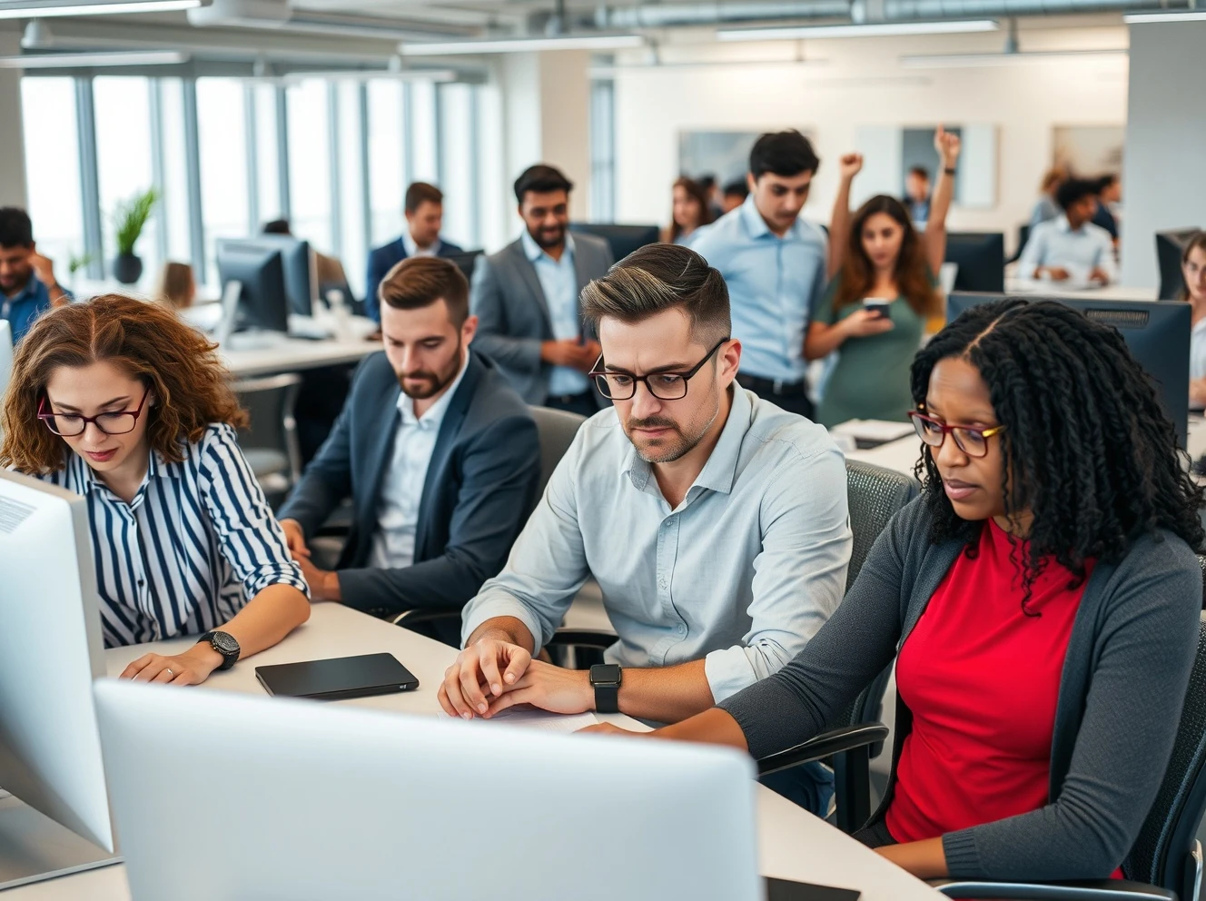 Workplace sickness impact on business productivity showing healthy and unwell employees in office environment