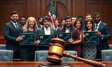 XRP holders celebrating legal victory against SEC regulation in courtroom setting