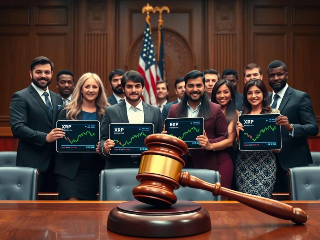 XRP holders celebrating legal victory against SEC regulation in courtroom setting