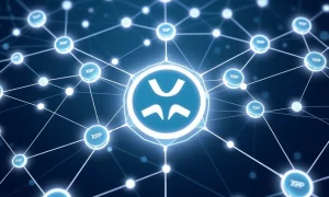 XRP Ledger network showing decentralized nodes and financial transactions with blockchain technology