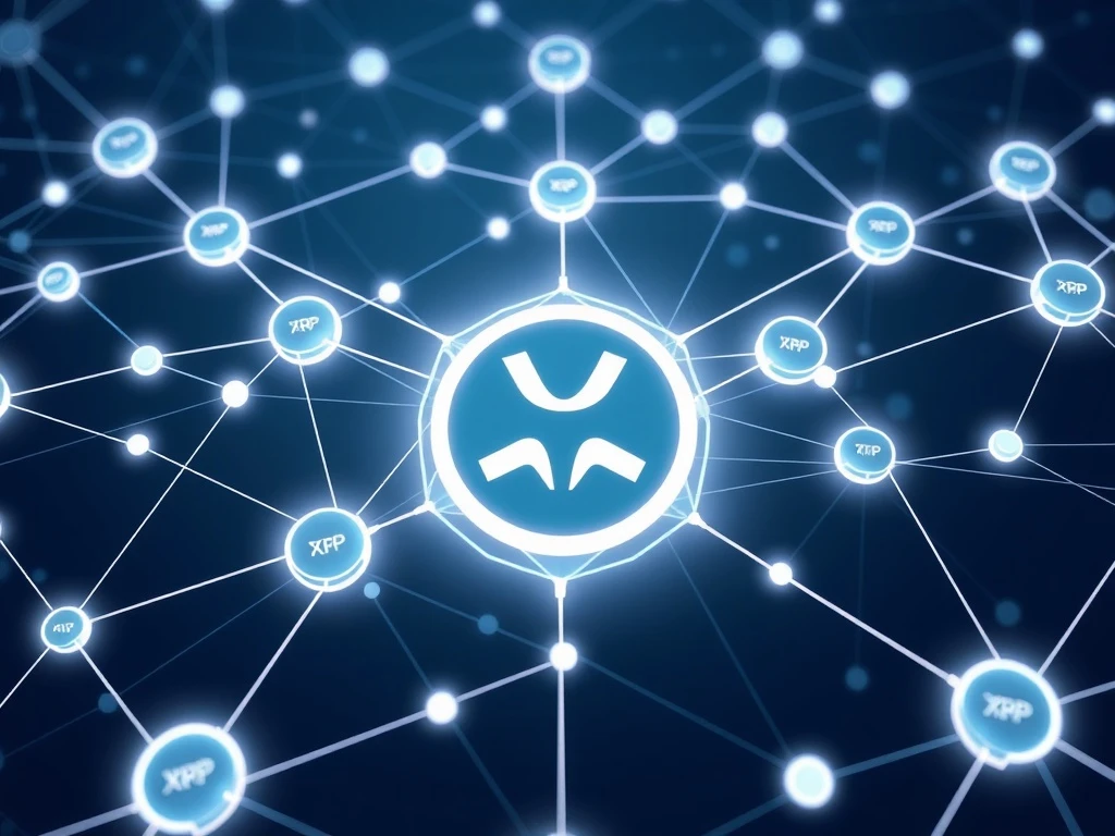 XRP Ledger network showing decentralized nodes and financial transactions with blockchain technology