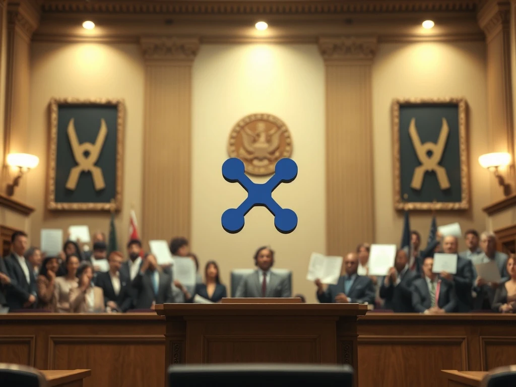 XRP legal victory celebration in courtroom setting with community support