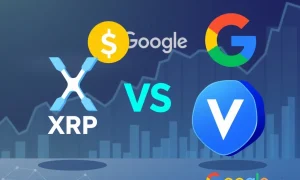 XRP news today showing cryptocurrency competition between Google blockchain and rising VET partnerships