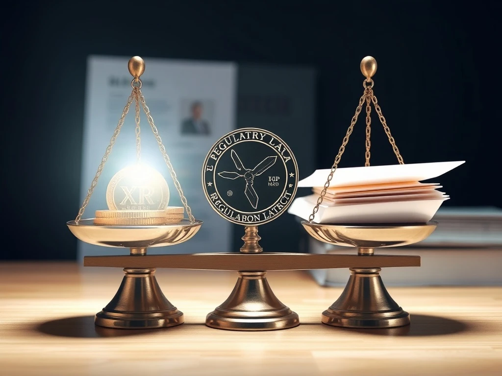 XRP regulatory clarity breakthrough showing legal scales balancing cryptocurrency and regulation