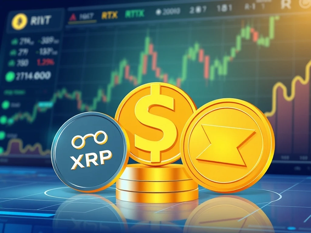 Comparison of XRP, SUI, and RTX cryptocurrency tokens showing potential for explosive crypto gains in 2025 market
