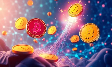 AI crypto will explode showing blockchain tokens with neural network connections and upward growth trajectory