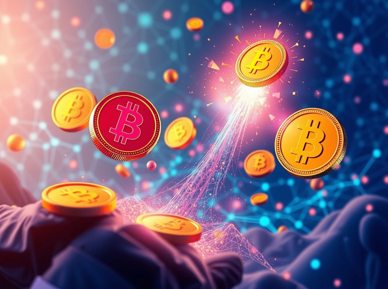 AI crypto will explode showing blockchain tokens with neural network connections and upward growth trajectory