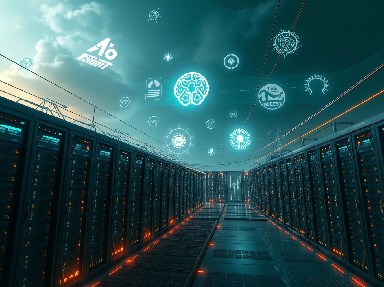 Massive AI infrastructure data centers powering artificial intelligence revolution with advanced computing systems