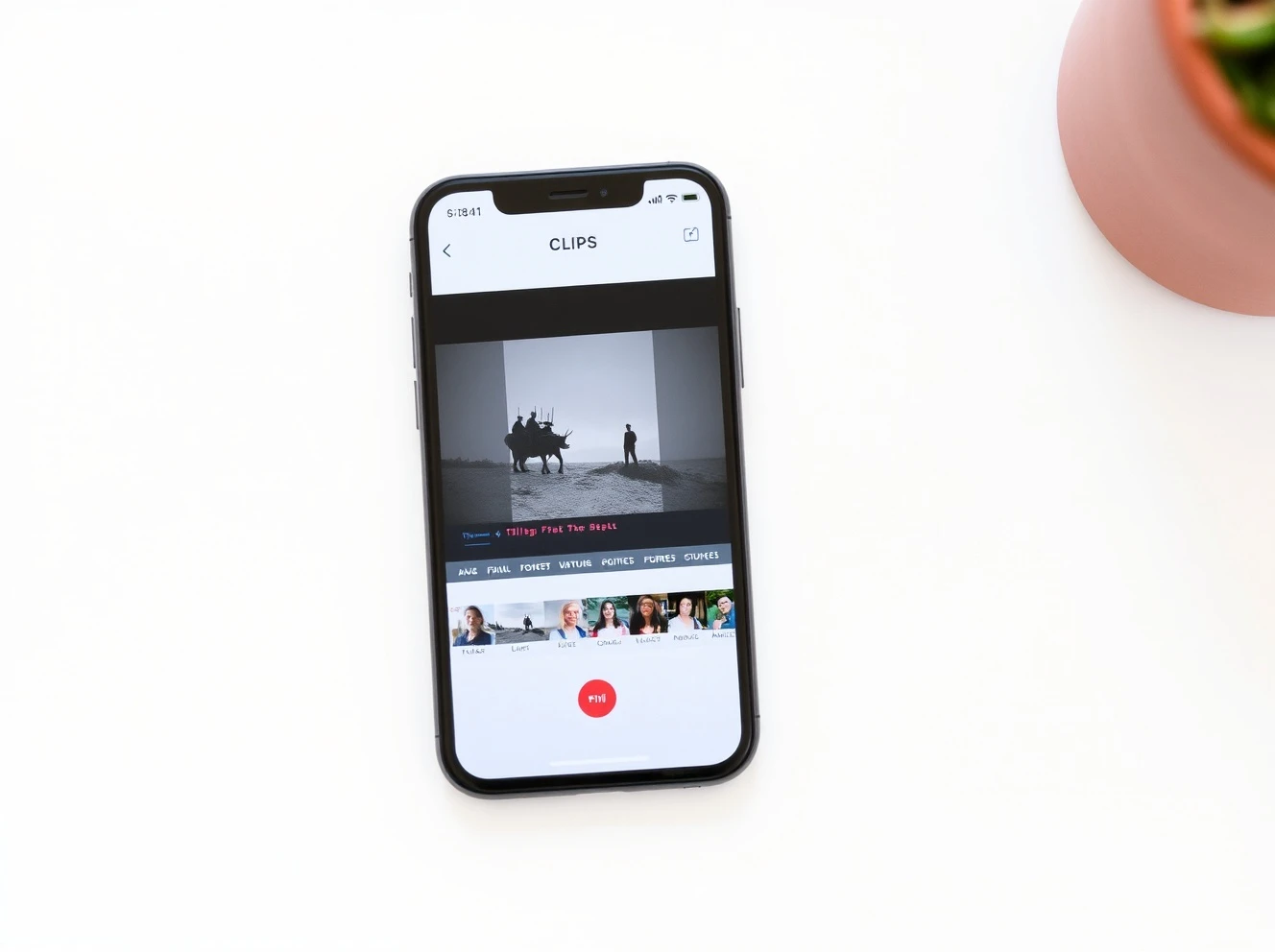Apple Clips app interface showing video editing features on iPhone screen