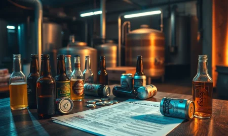 Beer company filing Chapter 11 bankruptcy with legal documents and empty bottles