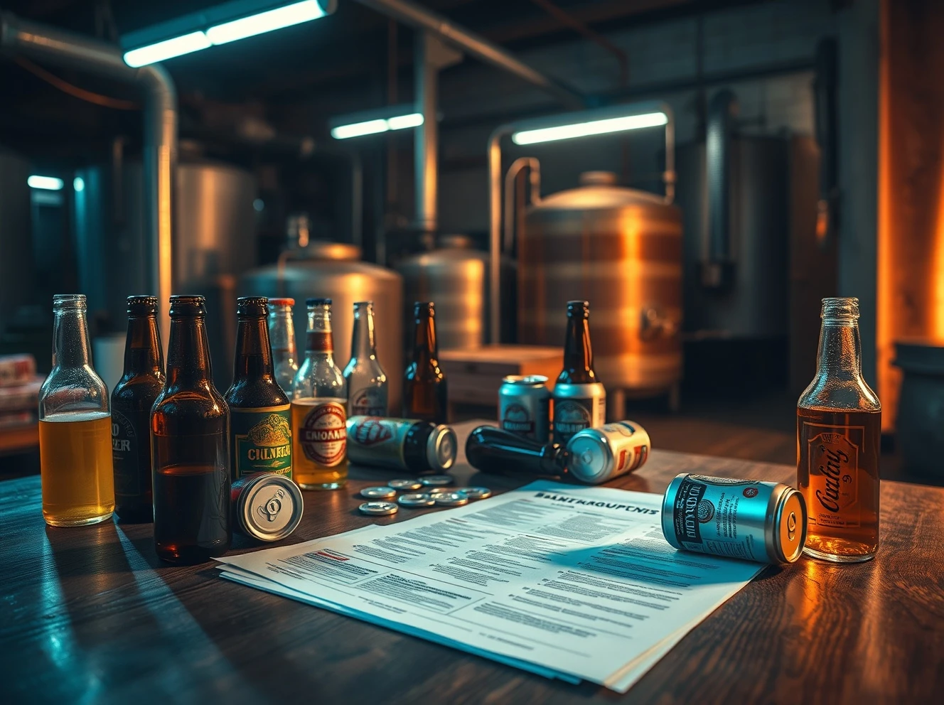 Beer company filing Chapter 11 bankruptcy with legal documents and empty bottles