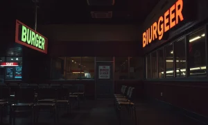 Empty burger chain restaurant with closed sign after sudden shutdown