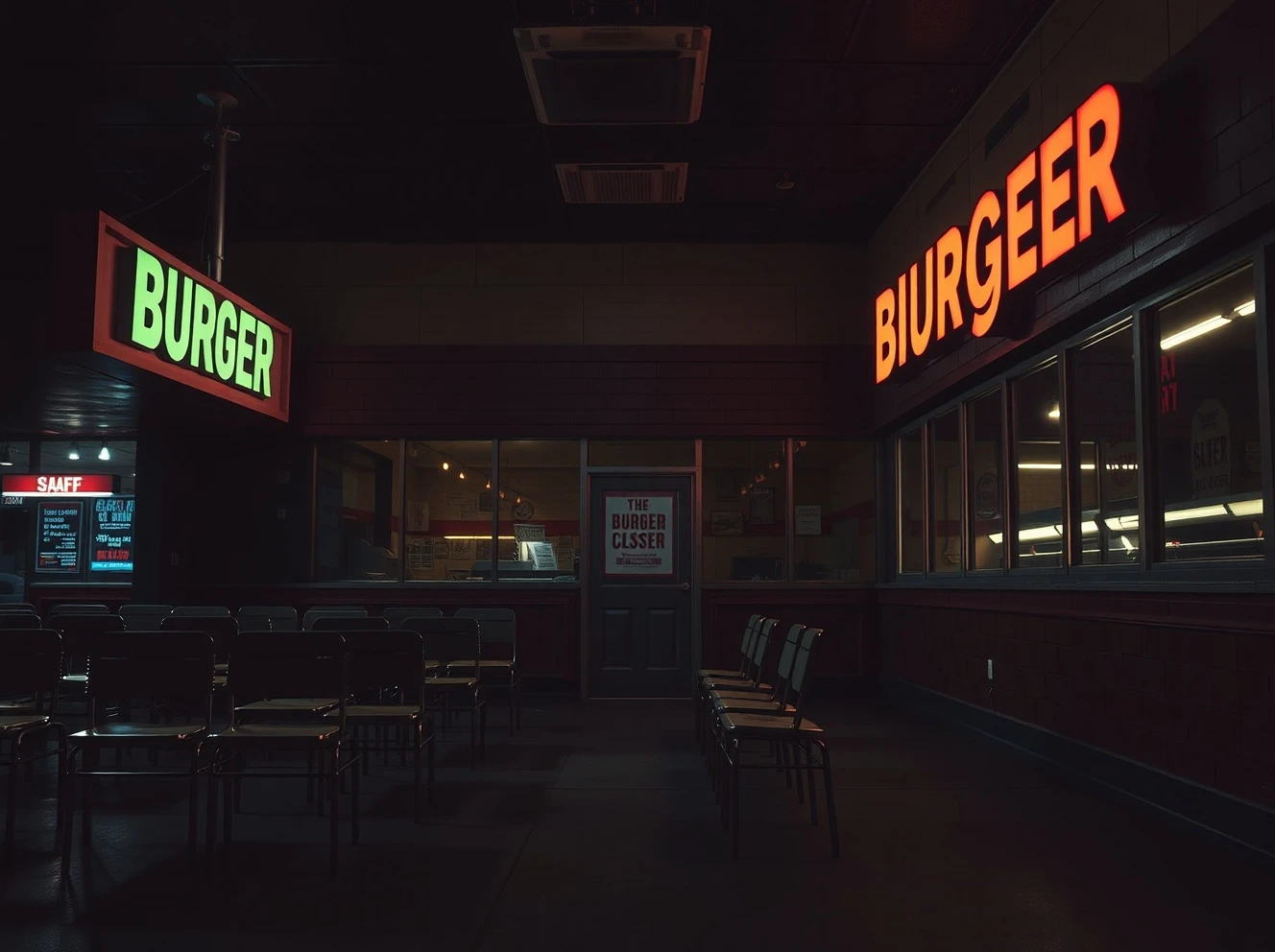 Empty burger chain restaurant with closed sign after sudden shutdown