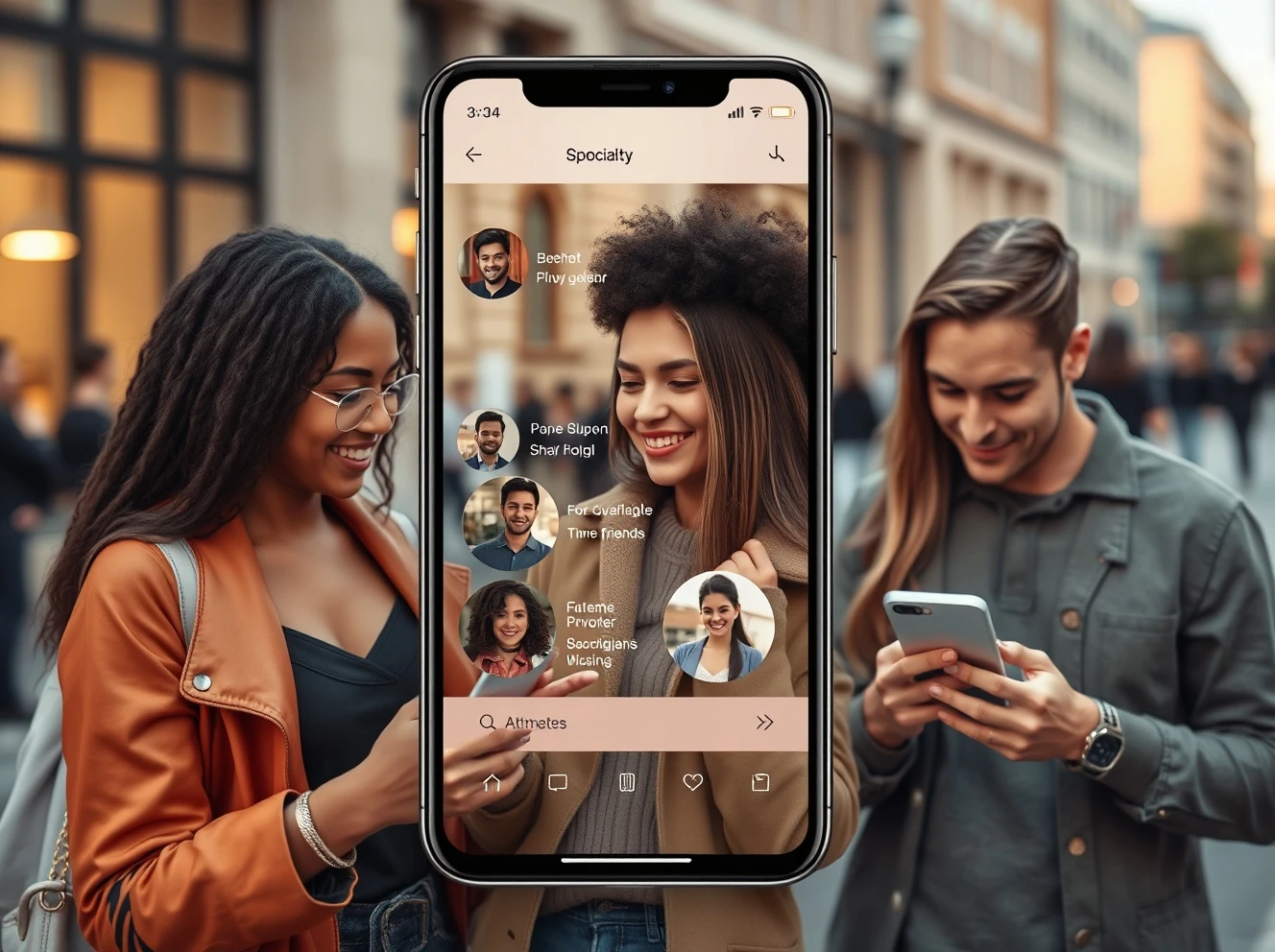 Cerca dating app interface showing social connections and mutual friends matching system