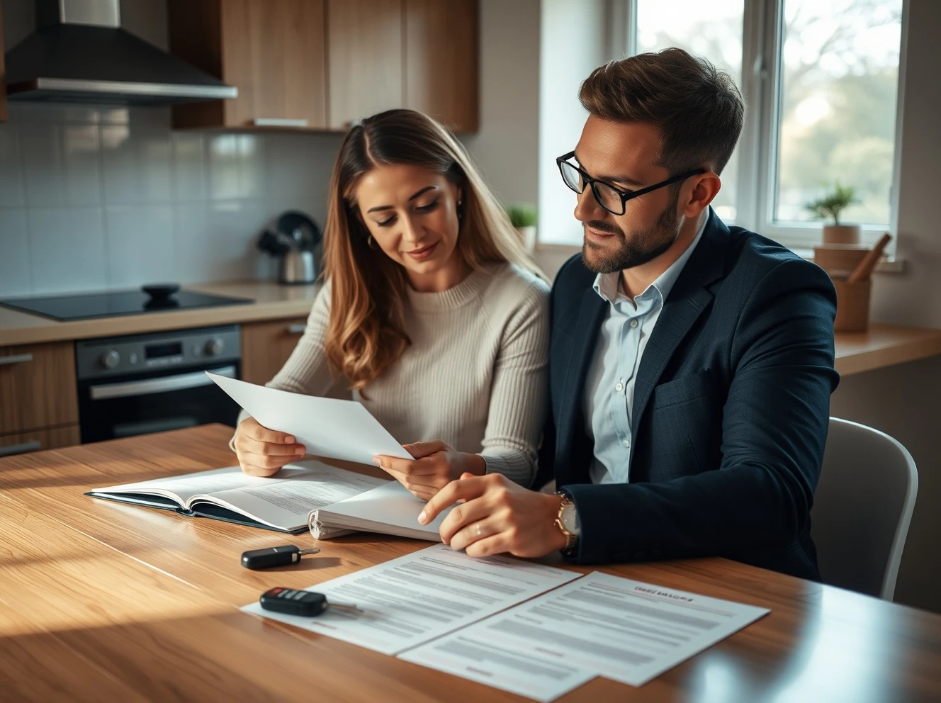 Couple reviewing cohabitation agreement documents for vehicle protection