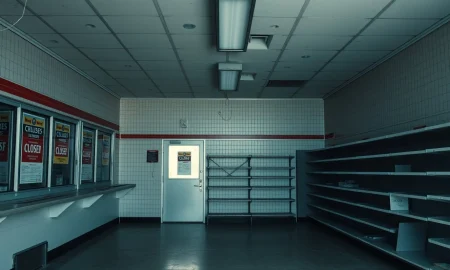 Empty convenience store showing the impact of major retail closures on local communities