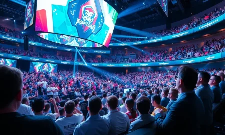 Business executives analyzing eSports sponsorship opportunities during major gaming tournament