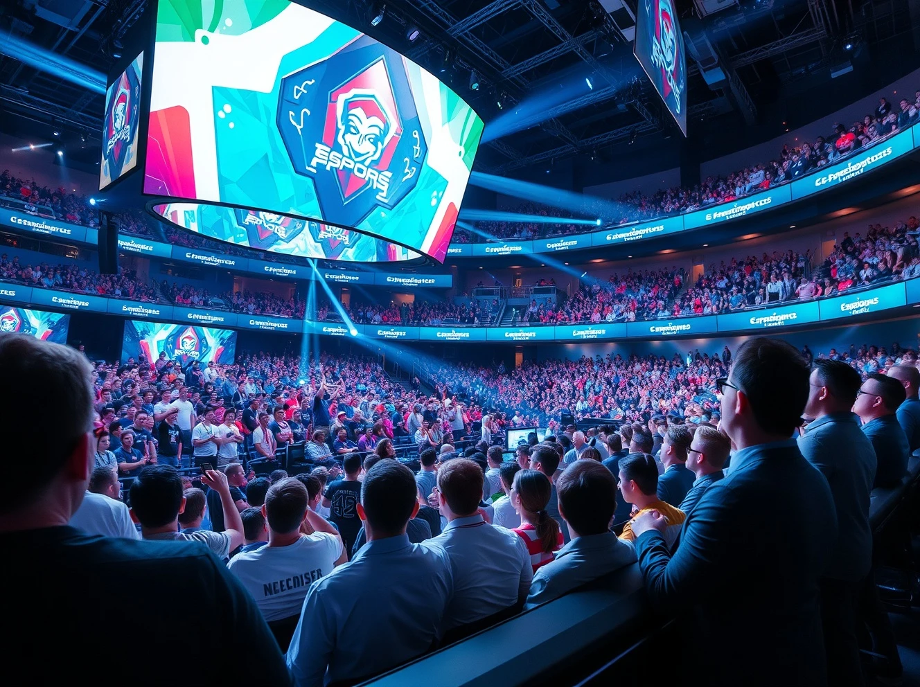 Business executives analyzing eSports sponsorship opportunities during major gaming tournament