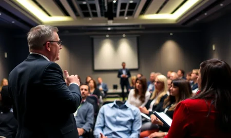 Professional speaker engaging audience at business event to hire the right speaker