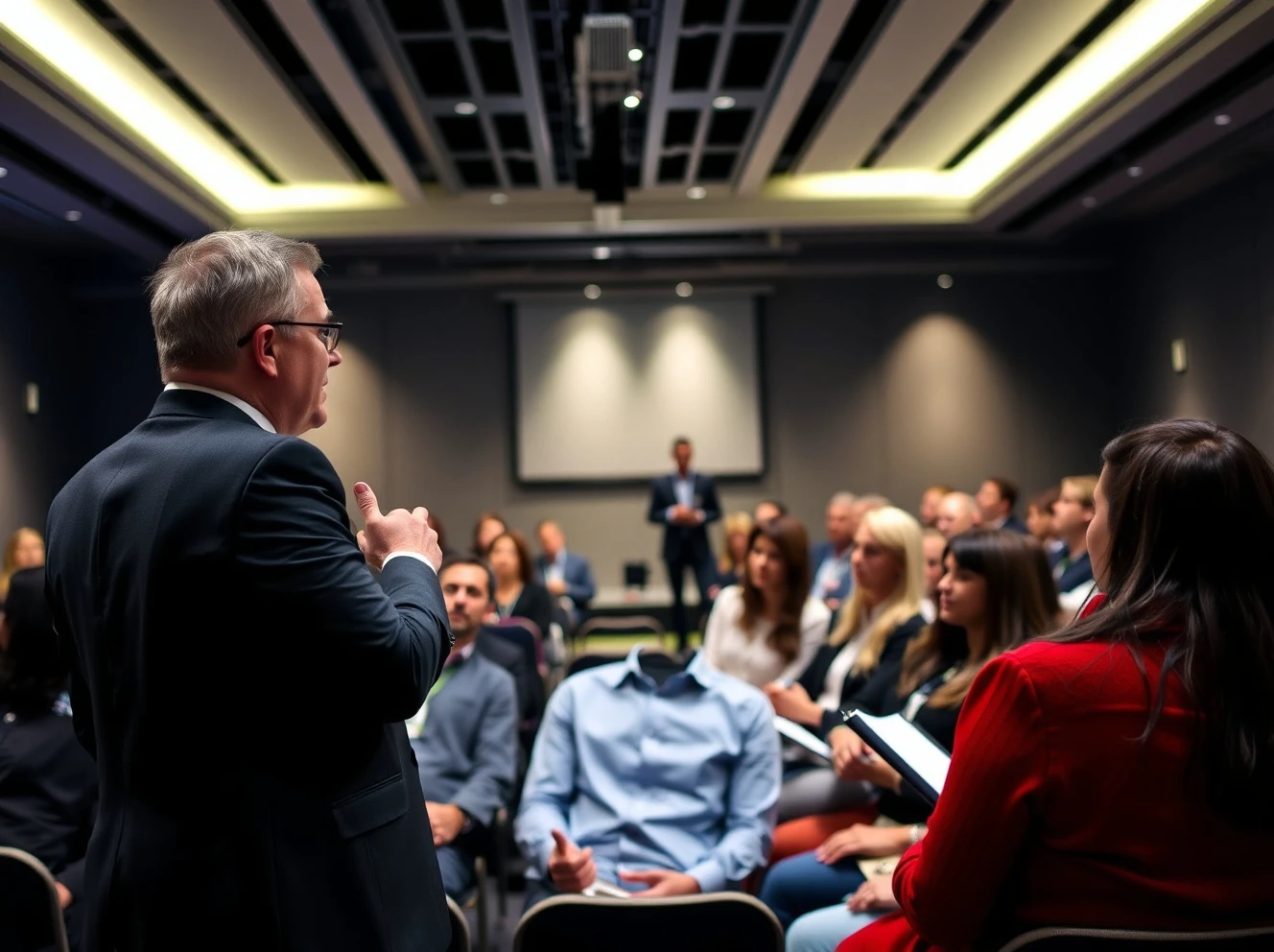 Professional speaker engaging audience at business event to hire the right speaker