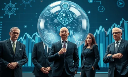 Jeff Bezos and banking executives discussing the AI bubble during financial conference