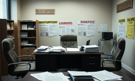 Media watchdog office during Chapter 7 bankruptcy liquidation process with legal documents