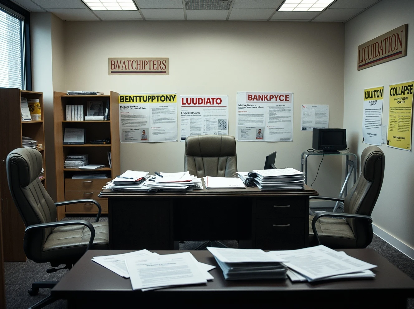 Media watchdog office during Chapter 7 bankruptcy liquidation process with legal documents