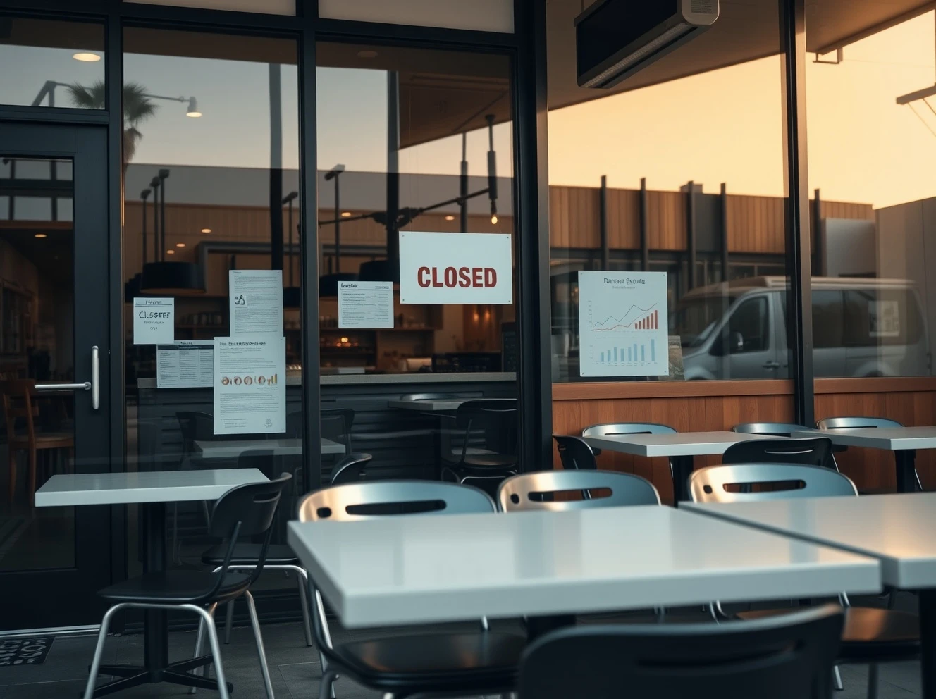 Mexican restaurant facing Chapter 11 bankruptcy with closed signs and financial documents