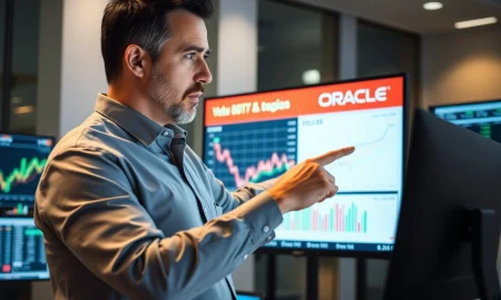 Financial analyst discussing Oracle stock forecast with performance charts