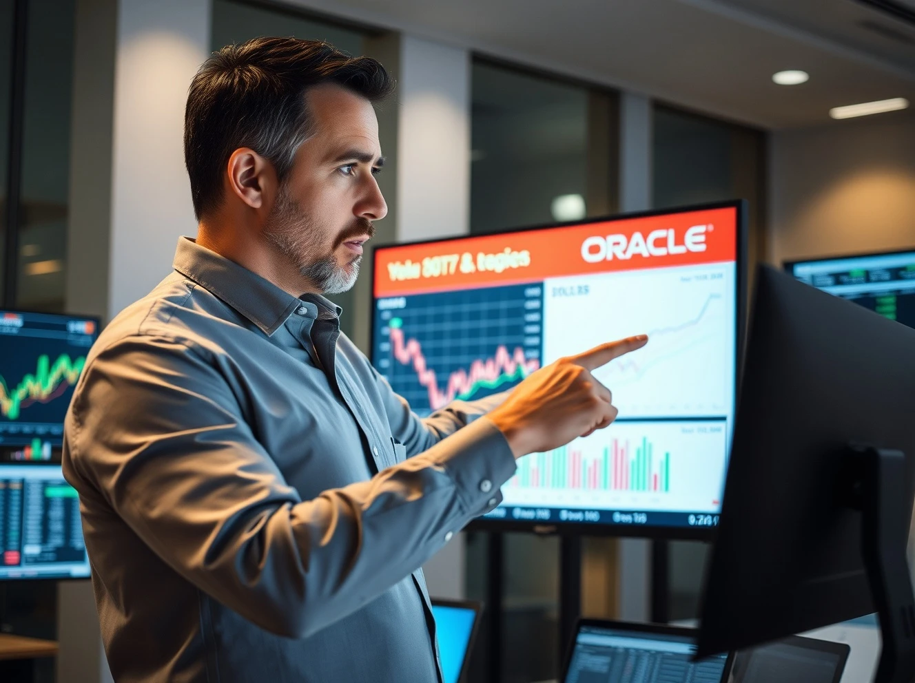 Financial analyst discussing Oracle stock forecast with performance charts