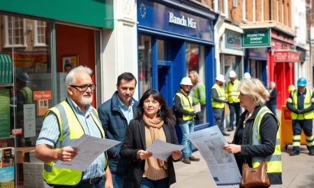 Small business owners discussing Pride in Place regeneration opportunities on revitalized high street